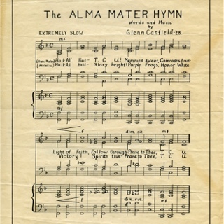 The yellowed manuscript of handwritten sheet music of the ɫ Alma Mater Hymn, attributed to Glenn Canfield, 1928. 