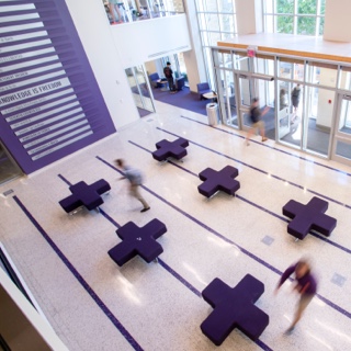 The lobby of ɫ's Rees-Jones Hall features purple modular furnishings